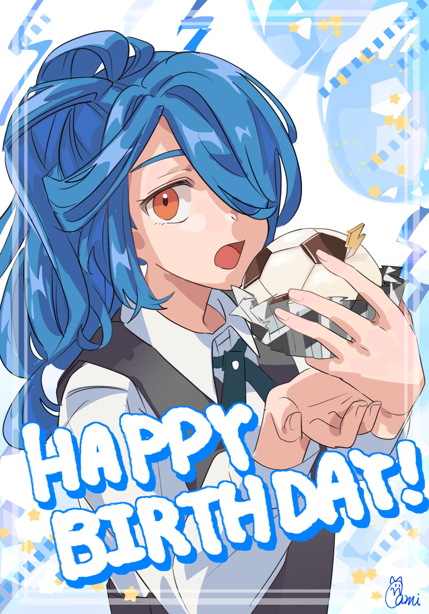 1boy ball black_vest blue_hair brown_eyes cupcake food gami_ww hair_over_one_eye happy_birthday highres holding holding_food imminent_bite inazuma_eleven_(series) kazemaru_ichirouta long_sleeves male_focus open_mouth ponytail ribbon shirt signature soccer_ball solo vest white_shirt