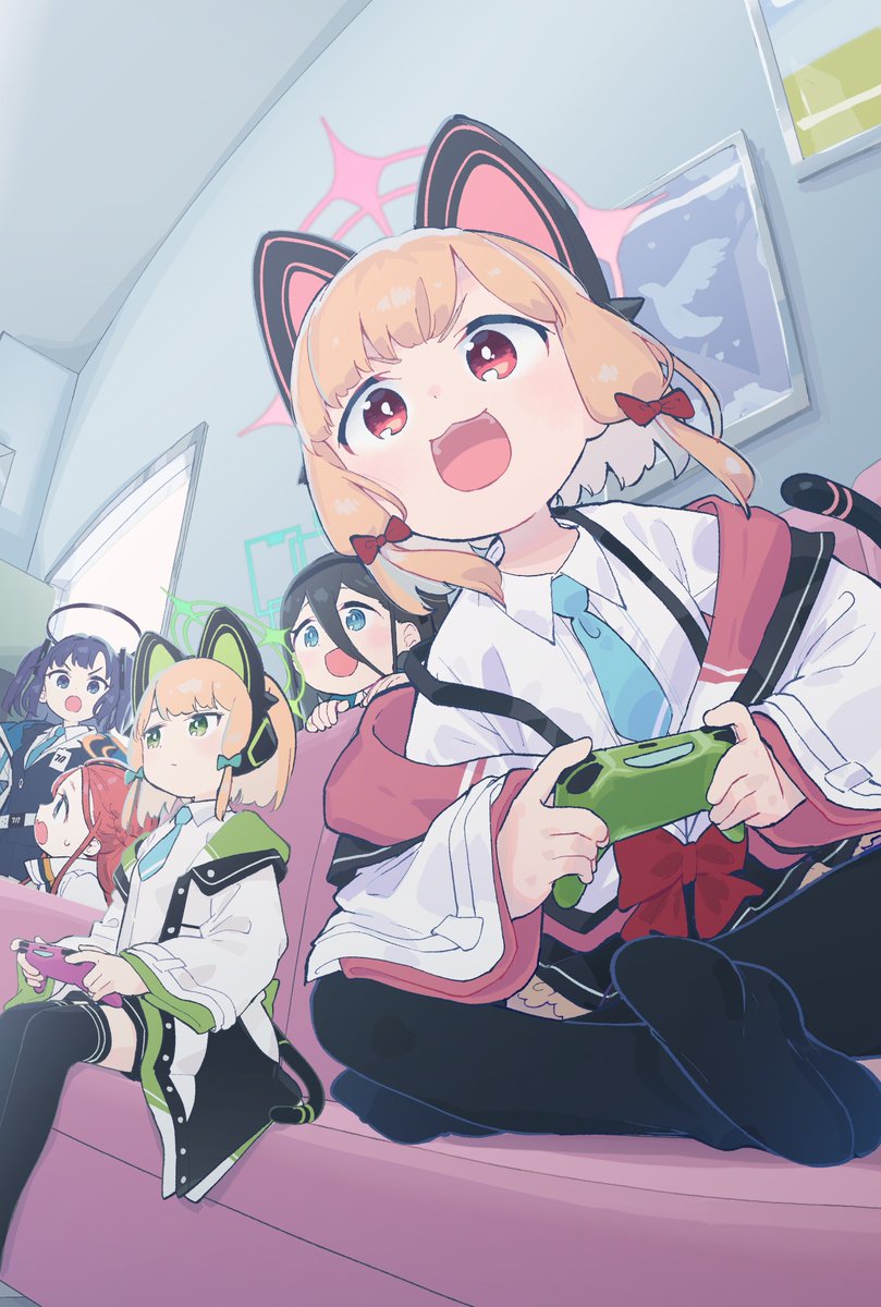 5girls animal_ears aris_(blue_archive) black_hair black_halo black_thighhighs blonde_hair blue_archive blue_bow blue_eyes blue_necktie bow closed_mouth commentary_request controller couch fake_animal_ears game_controller game_development_department_(blue_archive) green_eyes green_halo hair_between_eyes hair_bow halo highres holding holding_controller holding_game_controller indoors jacket long_bangs long_hair long_sleeves looking_ahead looking_at_another midori_(blue_archive) mizu_asato momoi_(blue_archive) multiple_girls multiple_views necktie on_couch open_mouth orange_halo pink_halo red_bow red_eyes redhead shirt sidelocks sitting smile soles sweat thigh-highs two_side_up v-shaped_eyebrows white_jacket white_shirt yuuka_(blue_archive) yuzu_(blue_archive)