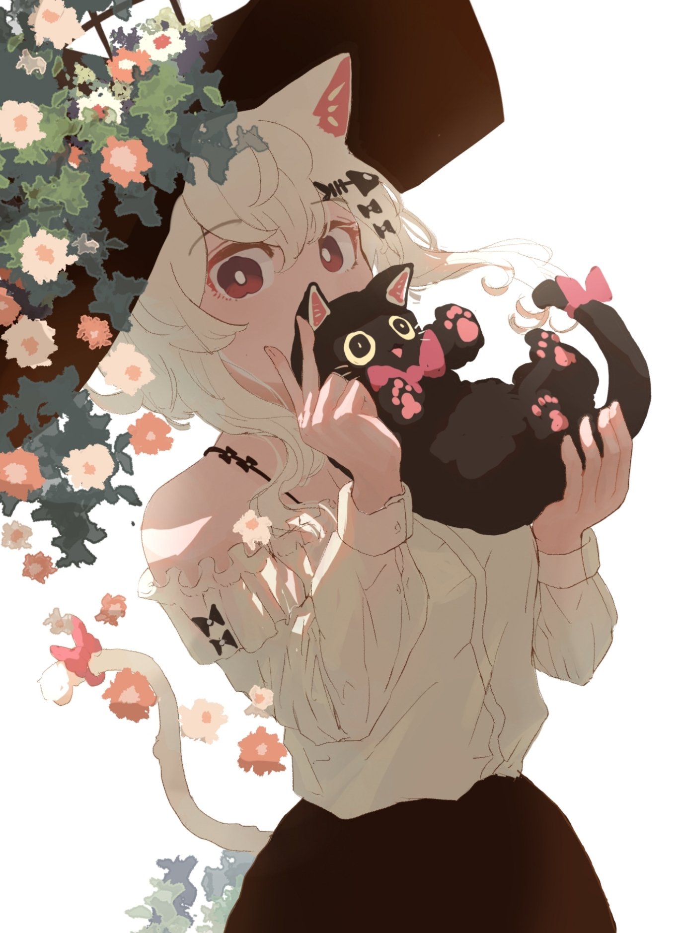 1girl animal animal_ears black_cat black_hat black_skirt cat cat_ears cat_girl cat_tail covering_own_mouth cowboy_shot flower hair_between_eyes highres holding holding_animal holding_cat leaning_to_the_side long_sleeves looking_at_viewer off-shoulder_shirt off_shoulder oimo_imoo original pink_flower red_eyes shirt short_hair sidelocks simple_background skirt sleeve_cuffs solo tail v white_background white_flower white_hair white_shirt wide_brim