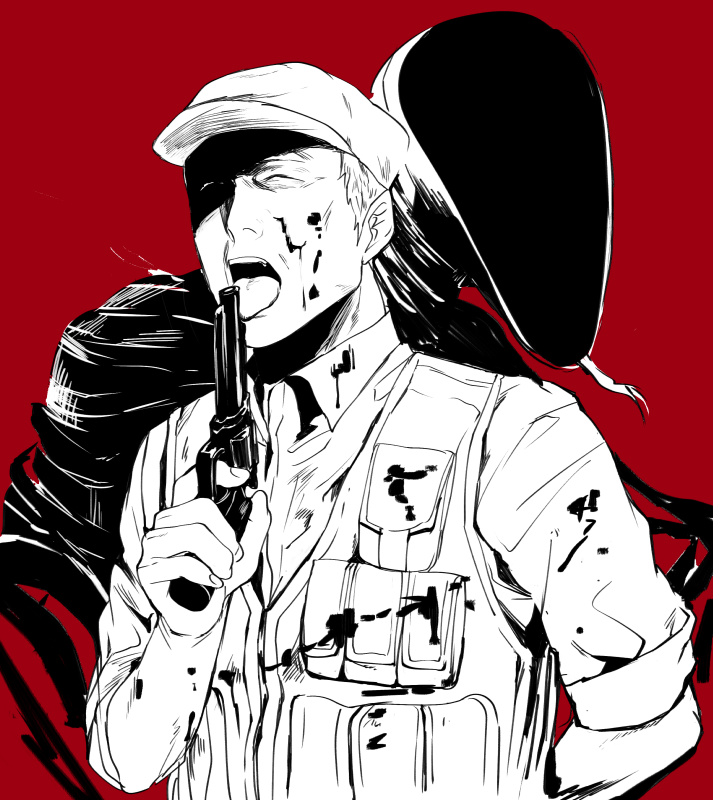 1boy ajin_(sakurai_gamon) blood blood_on_clothes blood_on_face closed_eyes combat_shirt finger_on_trigger ghost gun gun_in_mouth hat holding holding_gun holding_weapon male_focus old old_man red_background revolver rott_ur satou_(ajin) tongue tongue_out weapon