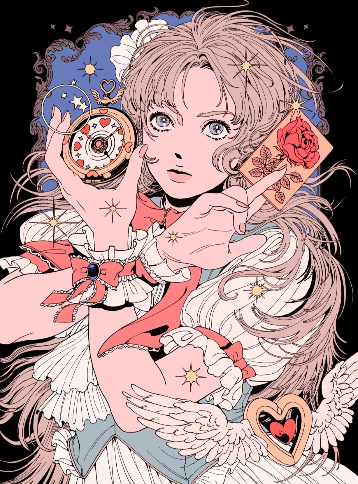 1girl blonde_hair card dress feathered_wings floral_print frilled_dress frilled_wristband frills grey_eyes heart highres holding_clock long_hair looking_afar magical_girl original puffy_short_sleeves puffy_sleeves rose_print sanhomaydraw short_sleeves solo upper_body wings wristband