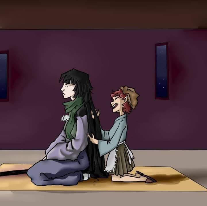 2others ^_^ adagumo_no_yaorochi androgynous apron bad_deviantart_id bad_id bad_source black_hair blue_hakama blue_kimono blunt_bangs brown_footwear brown_hakama brown_helmet closed_eyes closed_mouth detached_sleeves expressionless frilled_apron frills from_side full_body green_scarf green_vest hair_down hakama hakama_short_skirt hakama_skirt hands_in_hair hands_on_lap happy helmet indoors japanese_clothes katano_sukune kimono kneeling layered_sleeves len'en light_frown long_hair long_sleeves mat multiple_others night night_sky no_tail open_mouth other_focus pale_skin pom_pom_(clothes) purple_sleeves redhead scarf seiza short_hair short_kimono sitting skirt sky slippers smile socks star_(sky) starry_sky straight_hair sword teeth upper_teeth_only very_long_hair vest waist_apron weapon white_apron white_socks window wodkanna