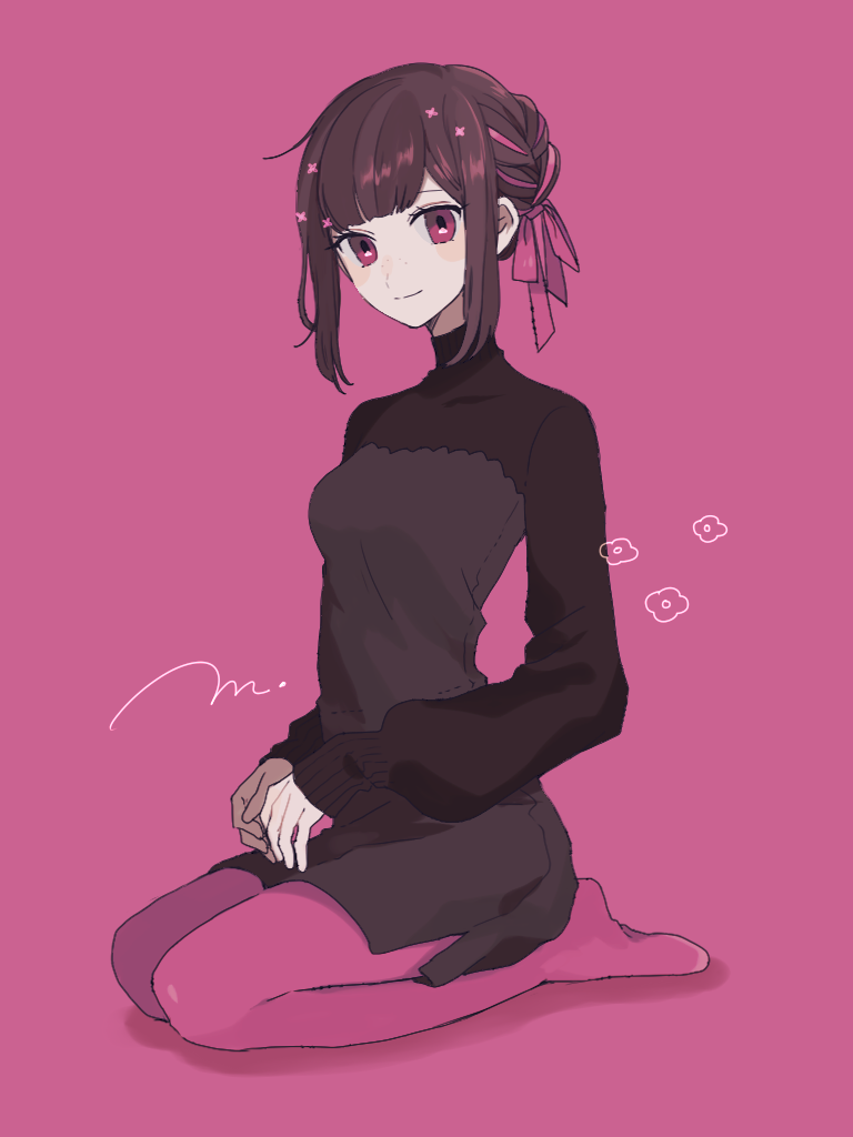 1girl blush_stickers braid brown_hair dress freckles full_body long_sleeves looking_at_viewer maco22 no_shoes original pantyhose pink_background pink_eyes ribbon_braid seiza sitting smile solo