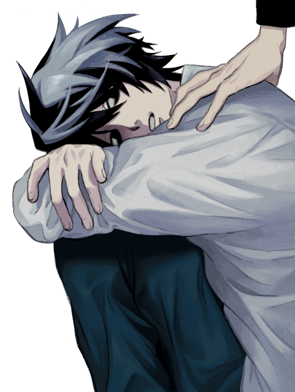 1boy 1other ambiguous_gender arms_on_knees behind_another black_eyes black_hair black_pants crossed_arms death_note feet_out_of_frame from_side hand_on_another's_shoulder head_down head_on_knees highres knees_to_chest l_(death_note) long_sleeves looking_at_another looking_back out_of_frame pants parted_lips shirt short_hair simple_background sitting tada_(anuanu134) white_background white_shirt