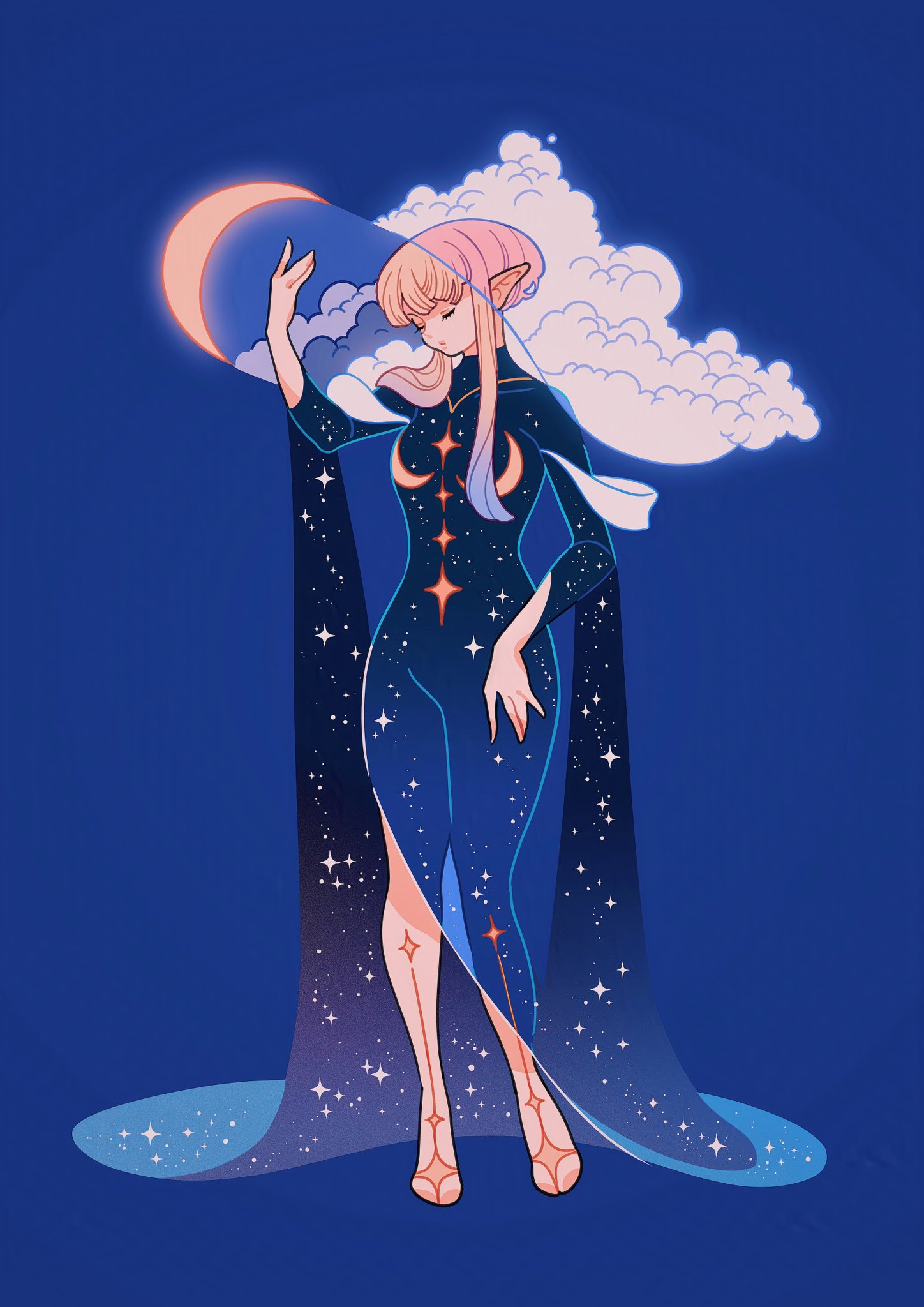 blonde_hair blue_background blue_dress closed_eyes clouds crescent crescent_hat_ornament crescent_moon dress gradient_hair hat hat_ornament highres large_hat layered_sleeves long_dress long_sleeves meyoco moon multicolored_hair original pink_hair pointy_ears see-through short_hair short_hair_with_long_locks side_slit simple_background star_(sky) star_(symbol) two-tone_hair wide_brim yellow_footwear