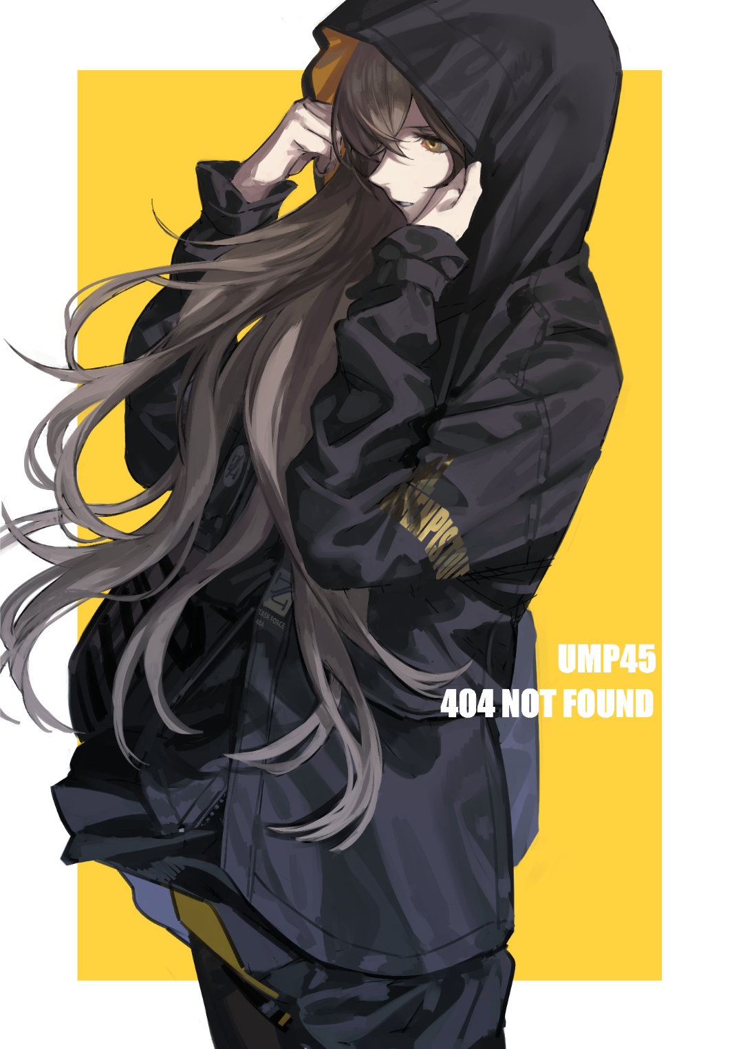1girl 404_(girls'_frontline) black_jacket black_pantyhose black_skirt brown_hair character_name chinese_commentary cowboy_shot english_text expressionless girls_frontline highres holding_hood hood hooded_jacket inset_border jacket long_hair mik_blamike pantyhose parted_lips skirt solo two-tone_background ump45_(girls'_frontline) white_background yellow_background yellow_eyes