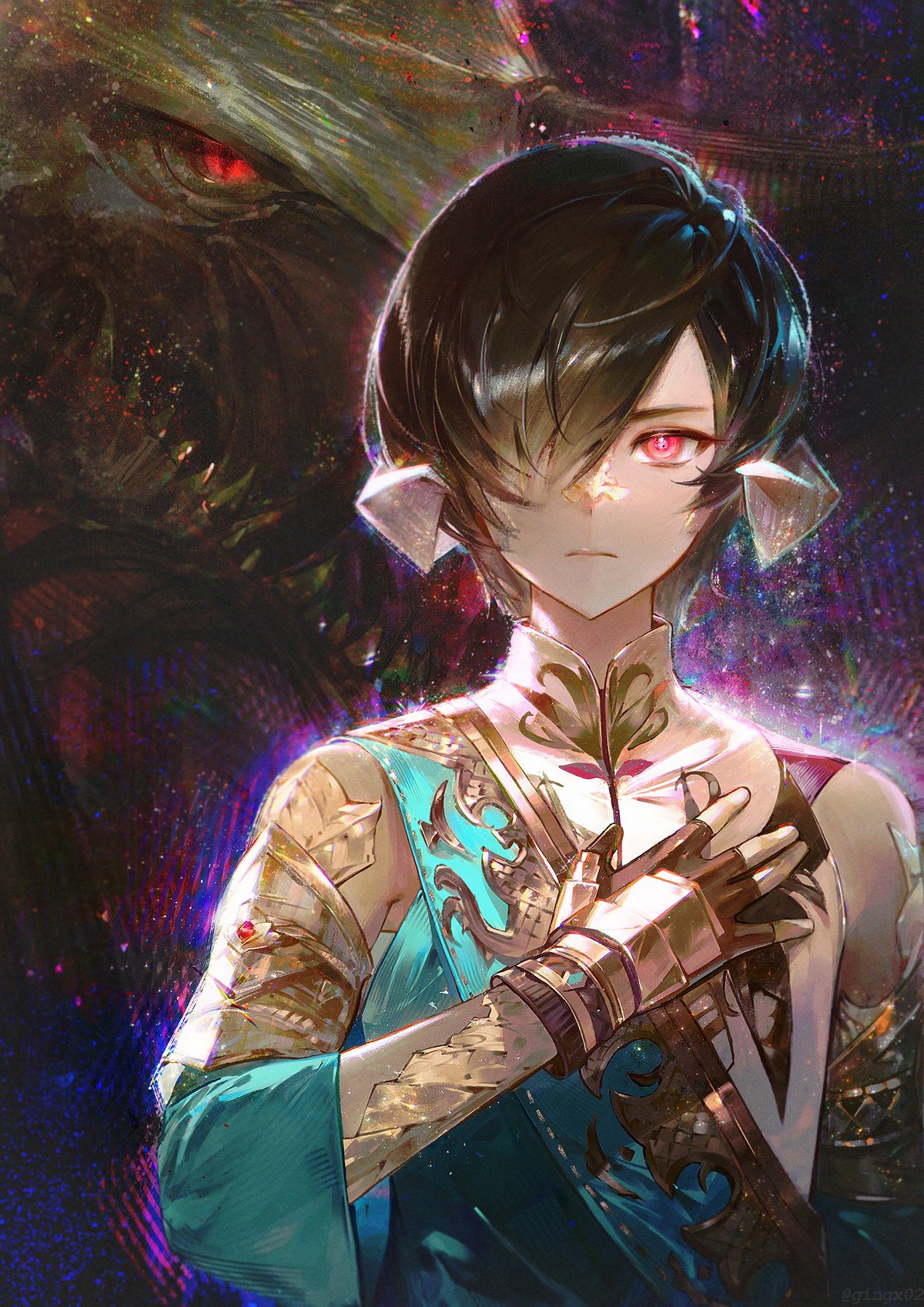1boy abstract_background au_ra black_gloves black_hair blue_sash collared_shirt commentary_request covered_collarbone detached_sleeves dragon dragon_horns dual_persona expressionless final_fantasy final_fantasy_xiv fingerless_gloves gingx02 gloves hair_over_one_eye hand_on_own_chest hand_up highres horns korean_commentary looking_at_viewer male_focus mandarin_collar one_eye_covered red_eyes sash scales sharp_teeth shirt short_hair shoulder_sash slit_pupils straight-on teeth twitter_username upper_body varshahn vrtra white_shirt