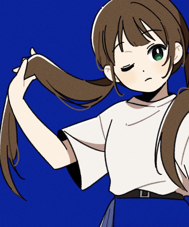 1girl belt black_belt blue_background blue_skirt blush brown_hair closed_mouth cowboy_shot dot_nose frown green_eyes hand_up harumaru_sk head_tilt holding holding_hair looking_at_viewer low_twintails one_eye_closed original shirt shirt_tucked_in short_sleeves simple_background skirt solo twintails white_shirt