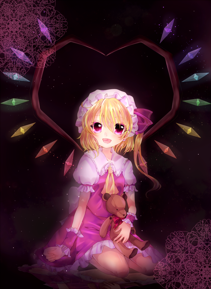 1girl ascot blonde_hair breasts collared_shirt doroshii fang flandre_scarlet frilled_shirt_collar frilled_skirt frilled_sleeves frills hair_between_eyes happy hat head_tilt heart heart_wings holding holding_stuffed_toy looking_at_viewer medium_hair mob_cap multicolored_wings one_side_up open_mouth puffy_short_sleeves puffy_sleeves purple_background red_eyes red_skirt red_vest shirt short_sleeves skirt skirt_set small_breasts smile solo stuffed_animal stuffed_toy teddy_bear touhou vest white_hat white_shirt wings wrist_cuffs yellow_ascot