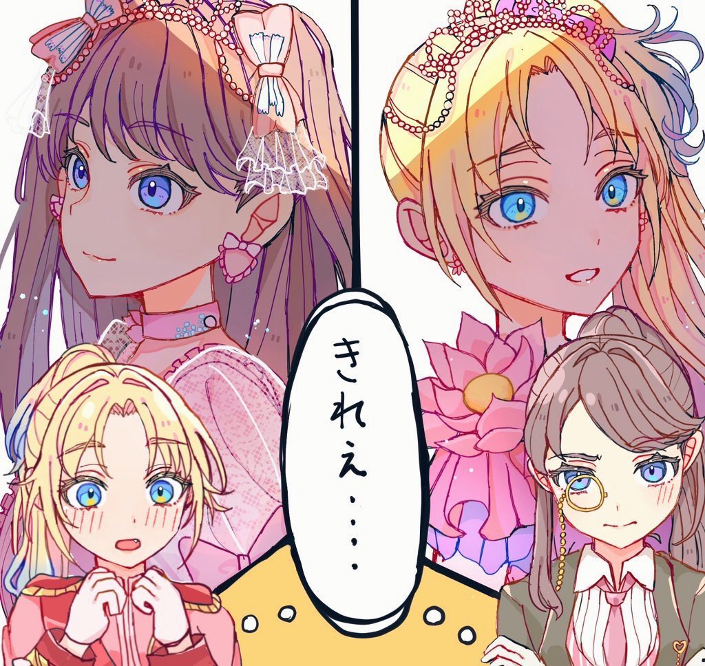 2girls blonde_hair blue_eyes blush brown_hair brown_jacket choker closed_mouth collared_shirt commentary_request crossed_arms dress earrings epaulettes fujishima_megumi jacket jewelry link!_like!_love_live! long_hair long_sleeves love_live! mira-cra_park! monocle multiple_girls multiple_views necktie neko_raa_men open_mouth osawa_rurino parted_bangs pink_choker pink_dress pink_necktie red_jacket shade shirt side_ponytail sidelocks smile swept_bangs thought_bubble tiara translation_request upper_body violet_eyes virtual_youtuber white_shirt