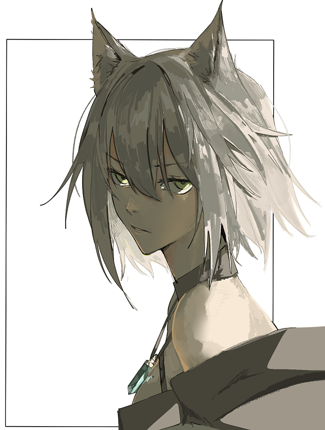 1girl animal_ears arknights blue_gemstone border cat_ears commentary english_commentary from_side gem glaring green_eyes grey_hair hair_between_eyes hamha_s jewelry kal'tsit_(arknights) looking_at_viewer necklace off_shoulder outside_border parted_lips portrait short_hair simple_background solo v-shaped_eyebrows white_background