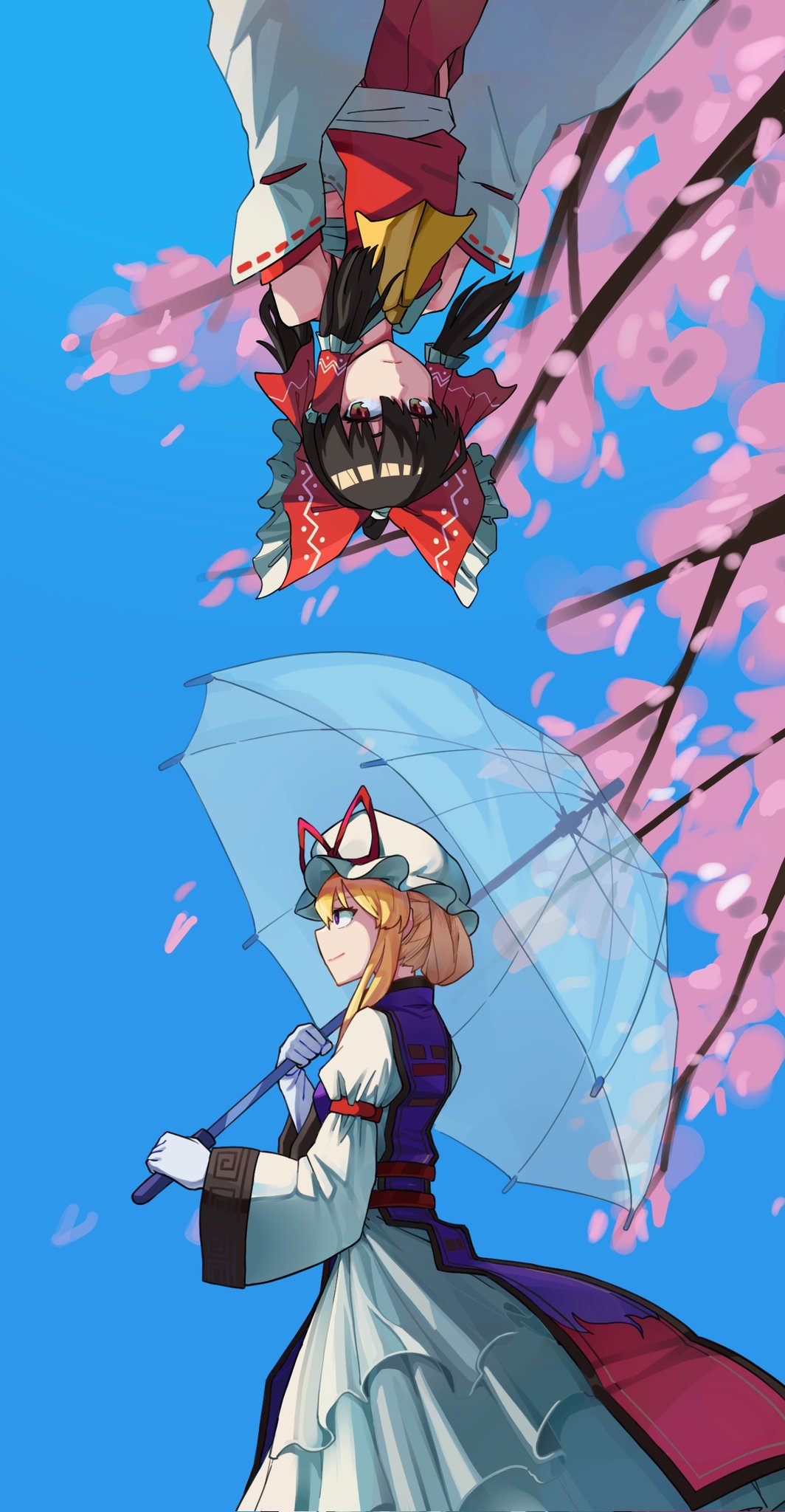 2girls ascot blonde_hair blue_sky bow brown_hair cherry_blossoms closed_mouth detached_sleeves dress frilled_bow frilled_dress frilled_hair_tubes frills gloves hair_bow hair_tubes hakurei_reimu hat hat_ribbon highres holding holding_umbrella long_hair long_sleeves mob_cap multiple_girls onionmay purple_tabard red_bow red_ribbon ribbon ribbon-trimmed_sleeves ribbon_trim sky smile tabard touhou transparent transparent_umbrella umbrella upside-down violet_eyes white_gloves yakumo_yukari yellow_ascot