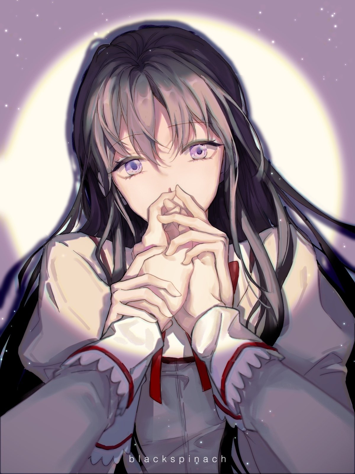 1girl akemi_homura artist_name black_hair blackspanich commentary covered_mouth highres holding_hands jacket juliet_sleeves kiss kissing_hand long_hair long_sleeves looking_at_viewer mahou_shoujo_madoka_magica mahou_shoujo_madoka_magica_(anime) mitakihara_school_uniform out_of_frame pov pov_hands puffy_sleeves school_uniform searchlight simple_background solo_focus upper_body violet_eyes white_background white_jacket
