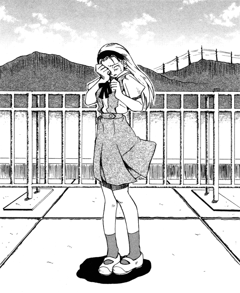 1girl arm_up choppy_bangs clouds cross cross_earrings crying earrings greyscale hair_ornament hairband hand_up jewelry long_hair marie_vincennes monochrome mountain mountainous_horizon neck_ribbon neon_genesis_evangelion non-web_source official_art on_roof power_lines railing ribbon rooftop school_uniform shirt shoes short_sleeves skirt sky socks solo standing suspender_skirt suspenders tears the_nerv_white_paper tokyo-3_middle_school_uniform transmission_tower wiping_tears