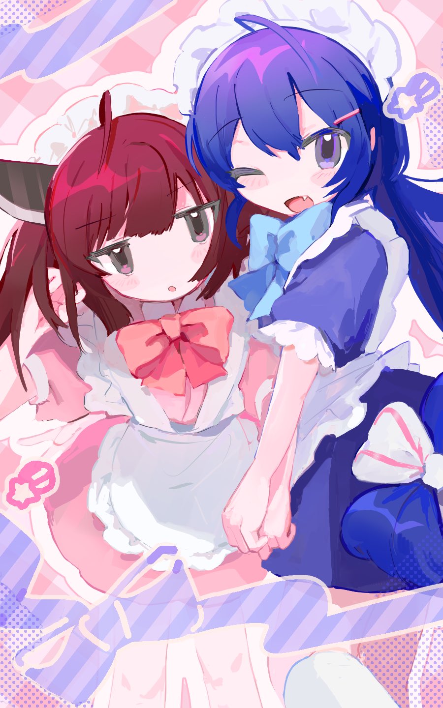2girls :o ahoge alternate_costume apron arm_around_waist blue_bow blue_bowtie blue_dress blue_hair blush_stickers bow bowtie commentary_request dress enmaided fang grey_eyes hair_ornament hairclip hand_in_own_hair hand_on_another's_head hand_up headgear highres jitome long_hair looking_at_viewer maid maid_apron maid_headdress matching_outfits medium_hair multiple_girls one_eye_closed open_mouth otomachi_una outline pink_background pink_bow pink_bowtie pink_dress pink_hair plaid plaid_background puffy_short_sleeves puffy_sleeves shooting_star_(symbol) short_dress short_sleeves smile standing tenpibo_ramune touhoku_kiritan twintails violet_eyes vocaloid voiceroid white_apron white_outline