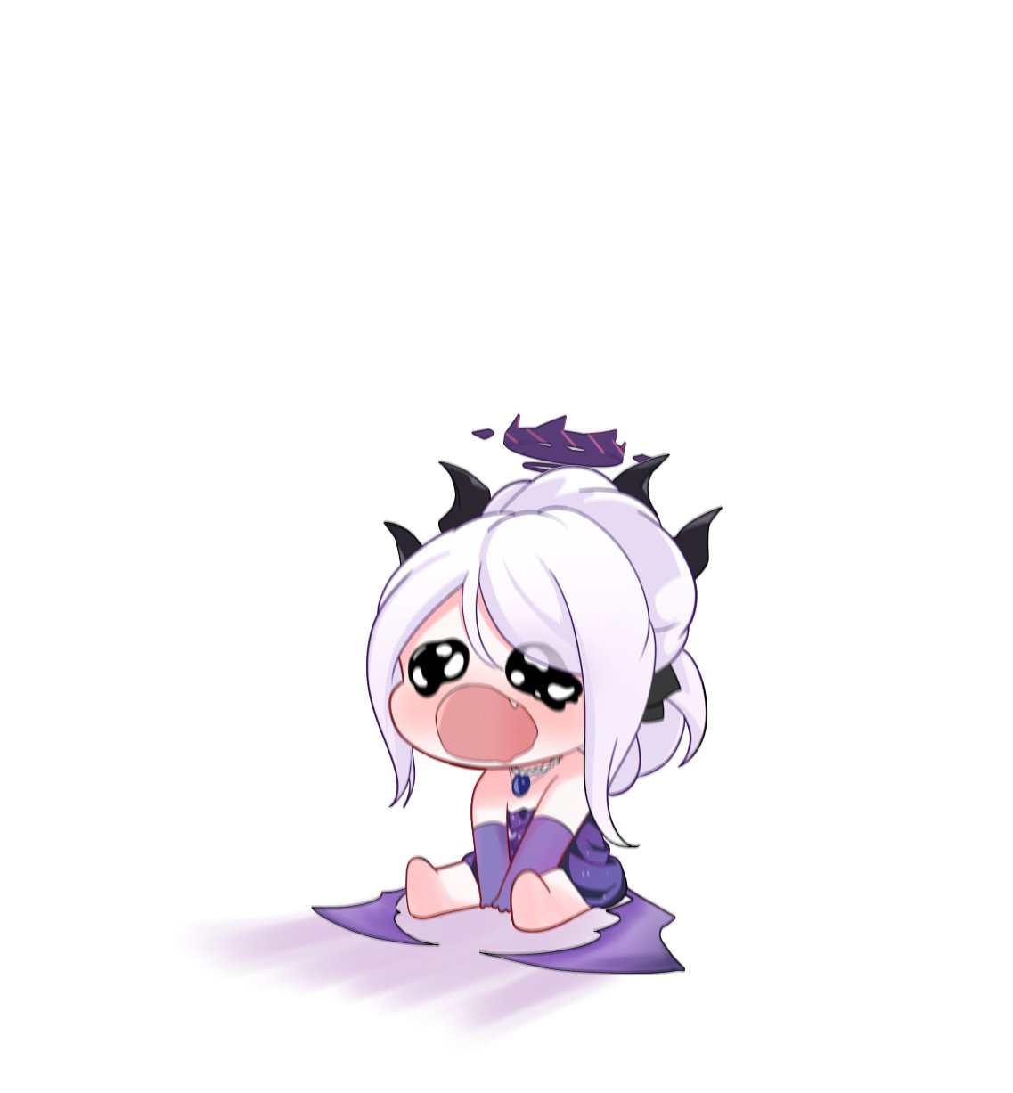 1girl barefoot blue_archive chibi chibi_only crying crying_cat_(meme) crying_with_eyes_open demon_horns demon_wings dress elbow_gloves fang gloves halo highres hina_(blue_archive) hina_(dress)_(blue_archive) horns looking_ahead meme official_alternate_costume open_mouth purple_dress purple_gloves purple_hair simple_background sitting skyrain315 solo strapless strapless_dress tears white_background wings