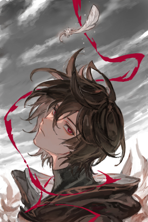 1boy ahoge bishounen black_shirt brown_hair clouds cloudy_sky commentary commentary_request dated_commentary energy expressionless feathers floating_clothes floating_hair from_side granblue_fantasy grey_sky hair_between_eyes head_tilt hood hood_down j999 light_frown looking_at_viewer magic male_focus messy_hair red_eyes sandalphon_(granblue_fantasy) shaft_look shirt short_hair sky solo_focus turtleneck upper_body white_feathers