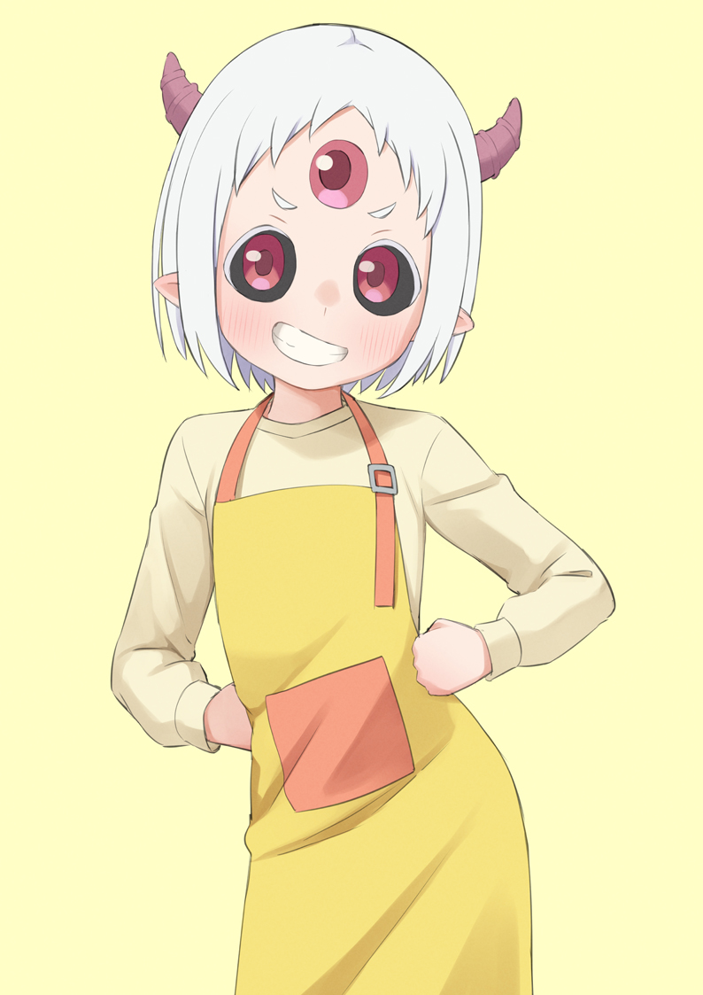 1girl apron black_sclera blush colored_sclera demon_girl easy_(aqk7bdqt) grin hands_on_own_hips hime-sama_"goumon"_no_jikan_desu horns long_sleeves looking_at_viewer maomao_(himesama_goumon) pink_eyes pink_horns pointy_ears red_eyes red_horns short_hair simple_background smile solo third_eye white_hair yellow_background