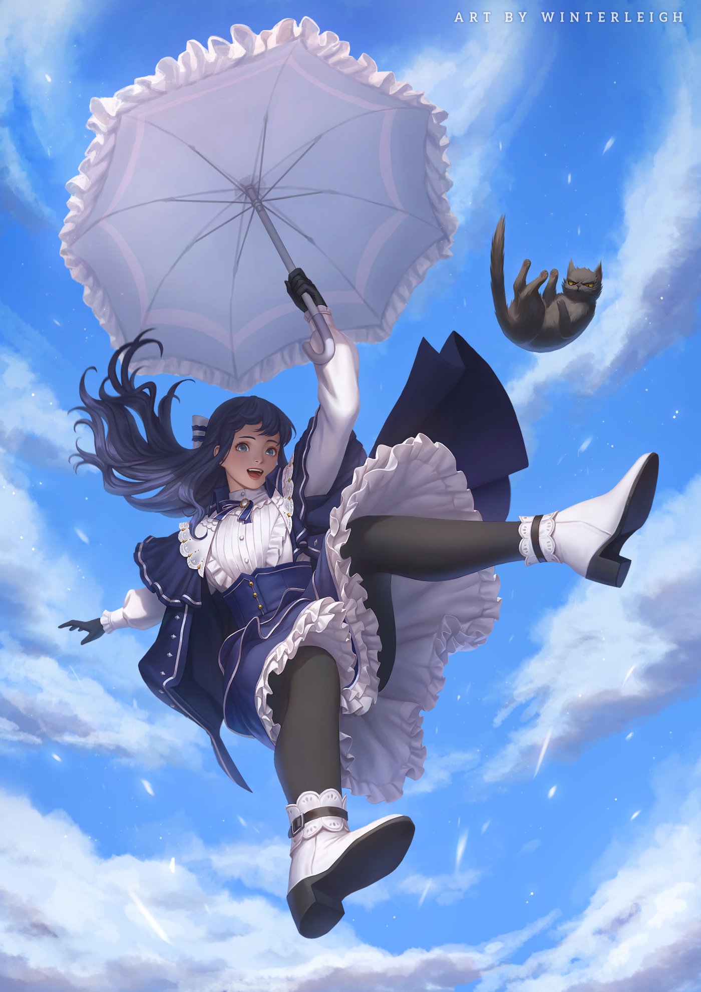 1girl animal artist_name black_cat black_gloves black_pantyhose blue_capelet blue_dress blue_eyes blue_hair bow capelet cat clouds cloudy_sky commentary day dress english_commentary falling final_fantasy final_fantasy_xiv frilled_dress frilled_umbrella frills from_below full_body gloves hair_bow highres holding holding_umbrella long_hair long_sleeves open_mouth pantyhose puffy_sleeves sky solo two-tone_dress umbrella warrior_of_light_(ff14) white_dress white_footwear winterleigh wynteria_lei