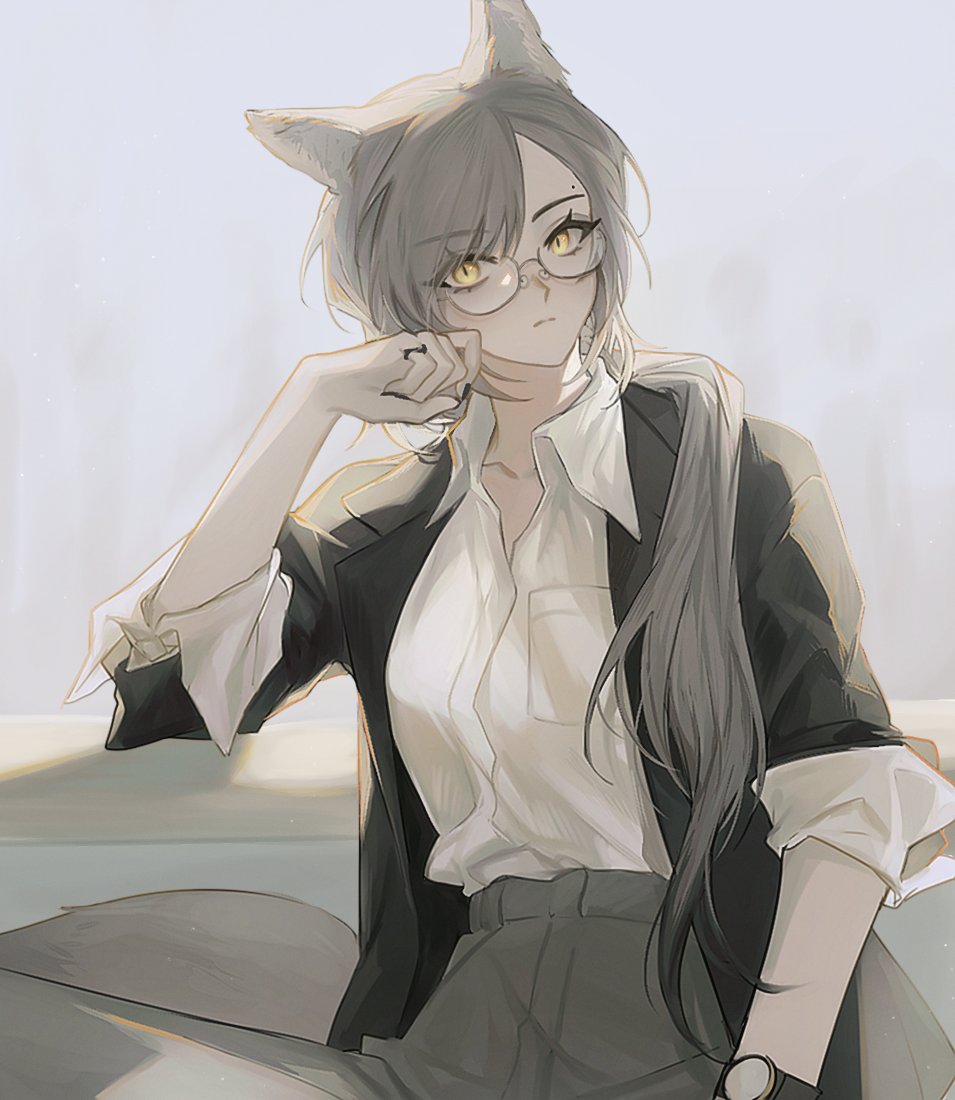 1girl alternate_hairstyle animal_ears arknights arm_support bespectacled black_jacket blue_eyes brown_hair collared_shirt commentary_request frown gae_tteok00 glasses grey_background grey_skirt head_rest jacket jewelry korean_commentary looking_at_viewer penance_(arknights) ponytail ring shirt simple_background skirt sleeves_rolled_up tail watch watch white_shirt wolf_ears wolf_girl wolf_tail yellow_eyes