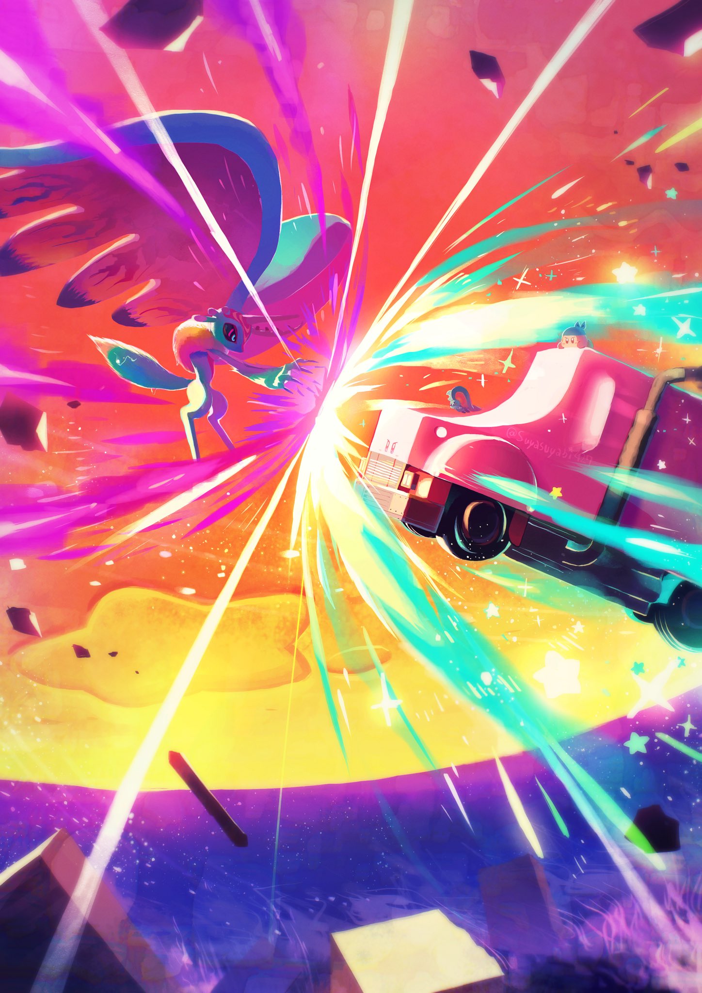 3boys antlers aura bandana_waddle_dee car car_mouth claws fecto_elfilis floating furry highres horns kirby kirby_(series) kirby_and_the_forgotten_land motor_vehicle mouthful_mode multiple_boys planet sparkle star_(symbol) suyasuyabi tail wing_ears wings