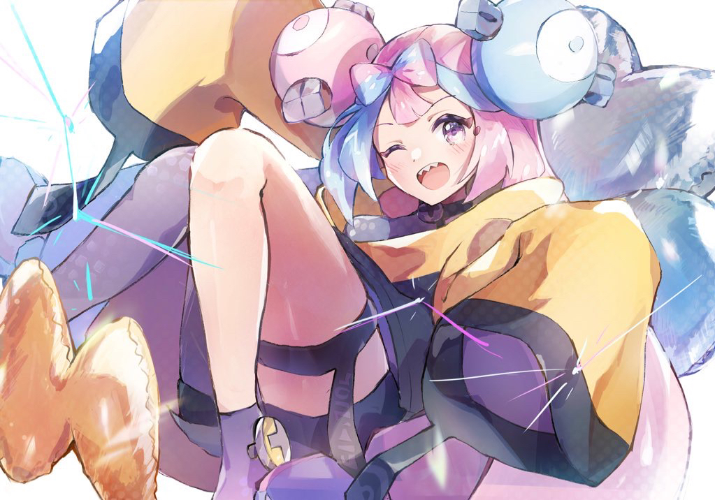 1girl anzu_(v0_0v_o0) blue_hair character_hair_ornament coat hair_ornament iono_(pokemon) long_hair looking_at_viewer magnemite multicolored_hair one_eye_closed open_mouth pink_hair pokemon pokemon_sv sharp_teeth single_leg_pantyhose sleeves_past_fingers sleeves_past_wrists smile solo teeth two-tone_hair upper_teeth_only violet_eyes yellow_coat