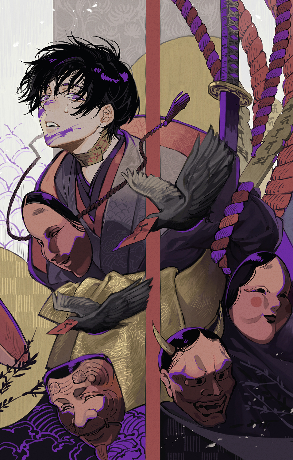 1boy bird black_hair bound character_mask crow facepaint floating_hair grey_kimono highres japanese_clothes katana kimono looking_at_viewer male_focus mask noh_mask original parted_lips rope short_hair solo sword teardrop tears teeth tied_up_(nonsexual) uminonew upper_body upper_teeth_only violet_eyes weapon