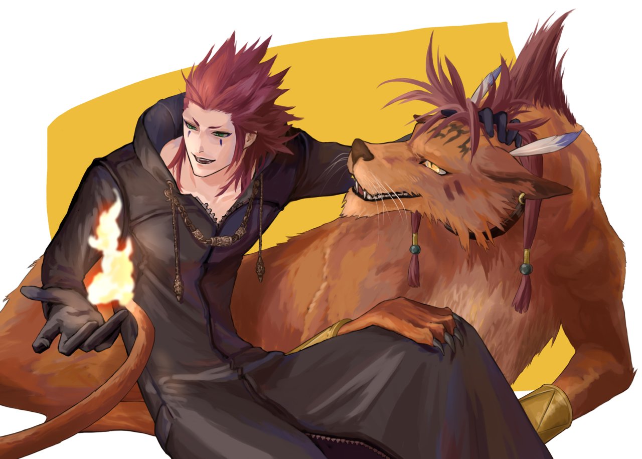 2boys animal_collar axel_(kingdom_hearts) bangle beads black_gloves black_robe border bracelet collar crossover facial_mark feather_hair_ornament feathers final_fantasy final_fantasy_vii final_fantasy_vii_rebirth final_fantasy_vii_remake flame-tipped_tail gloves hair_beads hair_ornament hair_slicked_back hand_in_another's_hair jewelry kingdom_hearts kingdom_hearts_ii long_sleeves male_focus medium_hair mukashino multiple_boys open_mouth orange_fur red_hat red_xiii robe sideburns white_border yellow_background yellow_eyes