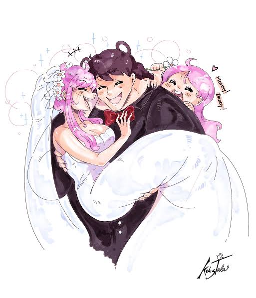 1boy 2girls artist_name bartholomew_kuma bear_ears flower ginny_(one_piece) happy jewelry_bonney long_hair mother_and_daughter multiple_girls one_piece pink_hair princess_carry wedding_dress what_if