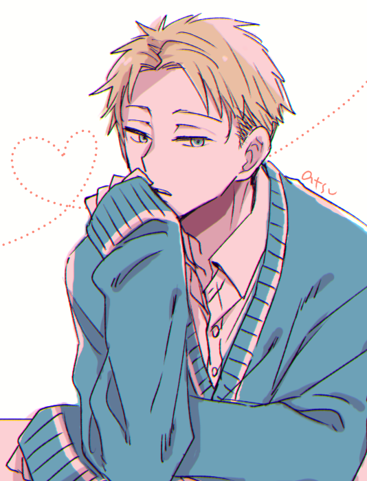 1boy artist_name blonde_hair blue_eyes blue_sweater buttons collared_shirt commentary_request elbow_rest expressionless hand_up head_rest heart katagiri_atsuko long_sleeves looking_at_viewer male_focus parted_bangs parted_lips shirt short_hair simple_background sleeves_past_wrists solo spy_x_family sweater twilight_(spy_x_family) upper_body white_background white_shirt wing_collar