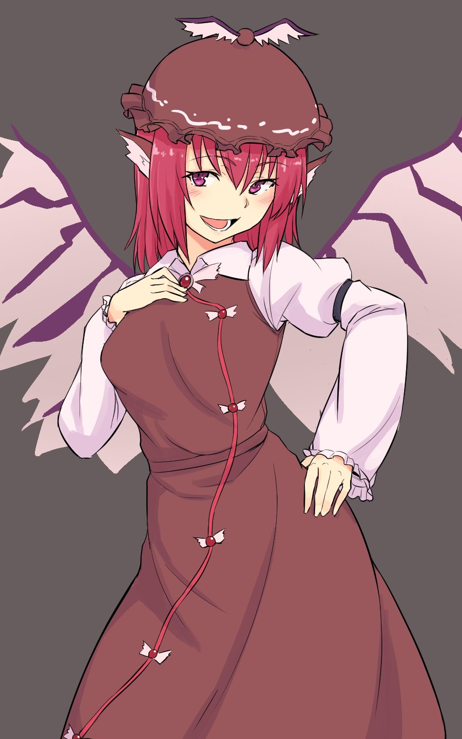 1girl animal_ears bird_ears bird_wings black_background breasts brown_dress commentary dress hand_on_own_chest hat highres juliet_sleeves kakone long_sleeves looking_at_viewer mob_cap mystia_lorelei one-hour_drawing_challenge open_mouth pink_eyes pink_hair puffy_sleeves simple_background solo touhou winged_hat wings