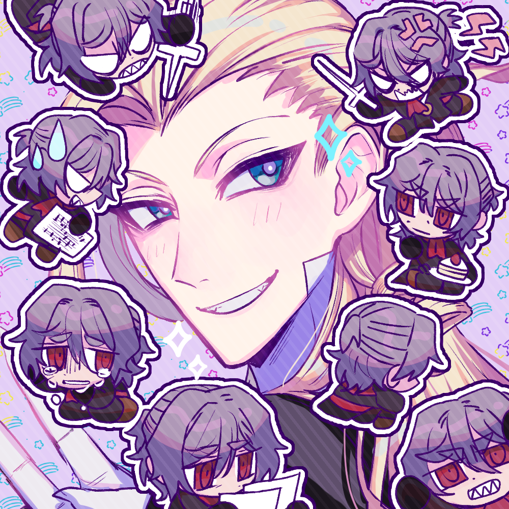 2boys anger_vein angry antonio_salieri_(fate) antonio_salieri_(second_ascension)_(fate) ascot black_jacket black_pants blonde_hair blue_eyes blush brown_footwear cake chibi clenched_teeth crying crying_with_eyes_open curly_hair fangs fate/grand_order fate_(series) fingernails food fork gloves grey_hair grin hair_between_eyes hair_intakes half_updo hand_up holding holding_fork holding_knife holding_paper holding_weapon jacket knife lightning_bolt_symbol long_hair looking_at_another looking_at_viewer male_focus multiple_boys nekohai_darake open_mouth outline pants paper purple_background red_ascot red_eyes sharp_fingernails sharp_teeth sheet_music shoes simple_background sitting smile sparkle star_(symbol) starry_background sweatdrop tears teeth upper_body v v-shaped_eyes weapon white_gloves white_outline wolfgang_amadeus_mozart_(fate)