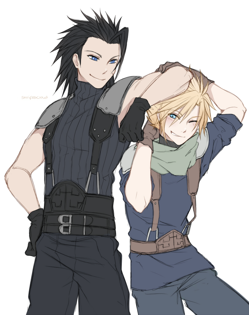 2boys arm_on_another's_head arm_up armor artist_name belt black_belt black_hair black_pants black_sweater blonde_hair blue_eyes blue_pants blue_shirt blush brown_gloves cloud_strife cowboy_shot crisis_core_final_fantasy_vii final_fantasy final_fantasy_vii gloves green_scarf grin hair_slicked_back hand_on_another's_arm hand_on_own_hip looking_at_another looking_down male_focus multiple_belts multiple_boys one_eye_closed pants pauldrons ruebird scar scar_on_face scarf shinra_infantry_uniform shirt short_hair shoulder_armor simple_background sleeveless sleeveless_sweater sleeveless_turtleneck smile spiky_hair suspenders sweater turtleneck turtleneck_sweater upper_body white_background zack_fair