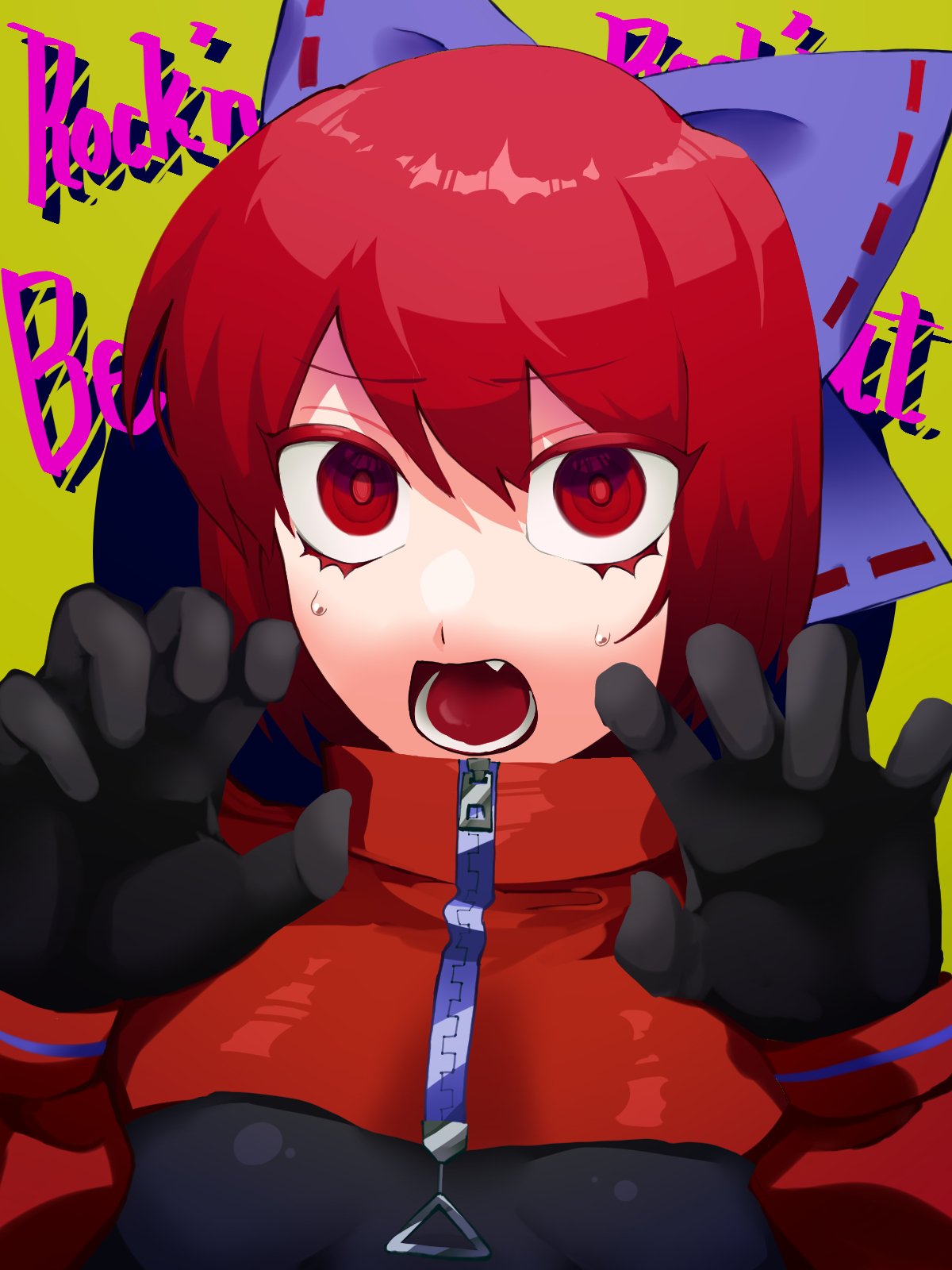 1girl akatsuki_records alternate_costume black_bodysuit bodysuit bow capelet claw_pose commentary_request fang hair_bow highres looking_at_viewer lower_teeth_only medium_bangs open_mouth purple_bow red_capelet red_eyes redhead ribbon-trimmed_bow rock_'n'_rock_'n'_beat sekibanki sekibanki_day short_hair solo takayo_(user_yeah3737) teeth touhou upper_body zipper
