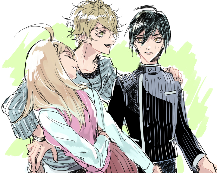 1girl 2boys ahoge akamatsu_kaede amami_rantaro antenna_hair arm_behind_back black_bracelet black_hair black_jacket black_pants blonde_hair blue_shirt blue_sleeves brown_pants buttons collarbone collared_jacket commentary_request cowboy_shot danganronpa_(series) danganronpa_v3:_killing_harmony double-breasted ear_piercing eyebrow_piercing eyelashes fingernails green_background green_eyes green_hair hair_between_eyes hair_ornament hand_on_another's_shoulder hand_on_own_hip head_tilt high_collar jacket jewelry layered_sleeves leaning_to_the_side light_frown long_hair long_sleeves looking_at_another me_(lililico) miniskirt multiple_boys multiple_piercings musical_note musical_note_hair_ornament open_mouth pants parted_lips partial_commentary pendant piercing pink_vest pinstripe_jacket pinstripe_pattern pocket red_skirt saihara_shuichi shirt short_hair simple_background skirt smile striped_clothes striped_shirt teeth thick_eyebrows two-tone_background upper_teeth_only vertical-striped_sleeves vest white_background white_shirt yellow_eyes