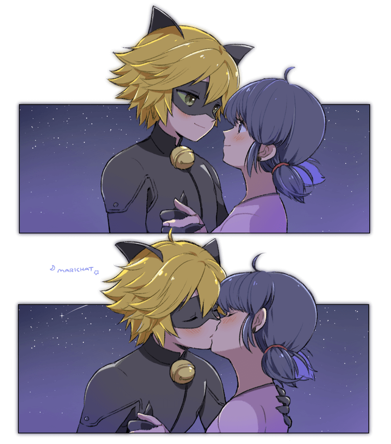 adrien_agreste animal_ears bell black_bodysuit black_mask blonde_hair blue_eyes blue_hair blush bodysuit cat_boy cat_ears chat_noir closed_eyes closed_mouth green_eyes jingle_bell kiss looking_at_viewer marinette_dupain-cheng miraculous_ladybug night night_sky short_twintails sky slit_pupils smile tsumiki_(chimamm_t) twintails upper_body