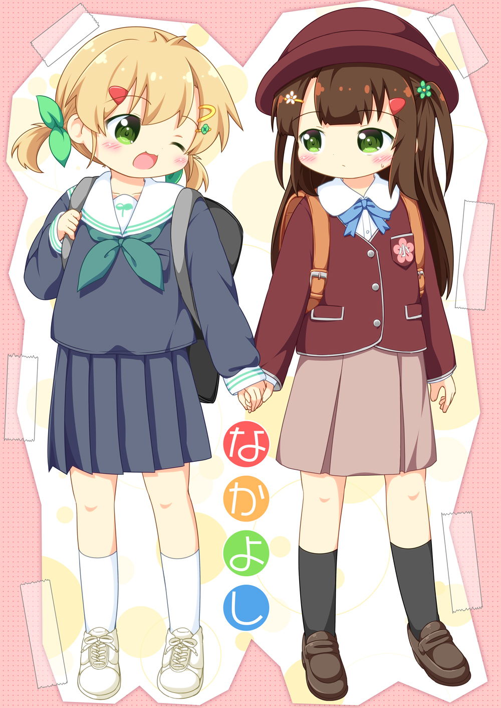 ankle_socks black_bag black_socks blonde_hair blouse blue_shirt blue_skirt blush brown_footwear brown_hair brown_skirt buttons child commentary_request dotted_background floral_print flower green_eyes green_flower green_neckerchief hair_flower hair_ornament hao_(pila-pela) highres holding_hands kaorin_(pila-pela) long_sleeves low_twintails neckerchief one_eye_closed open_mouth orange_bag original pila-pela pink_background red_hat sailor_collar school_uniform serafuku shirt shoes siblings sisters skirt sneakers socks sweatdrop tape translation_request twintails white_background white_footwear white_sailor_collar white_socks