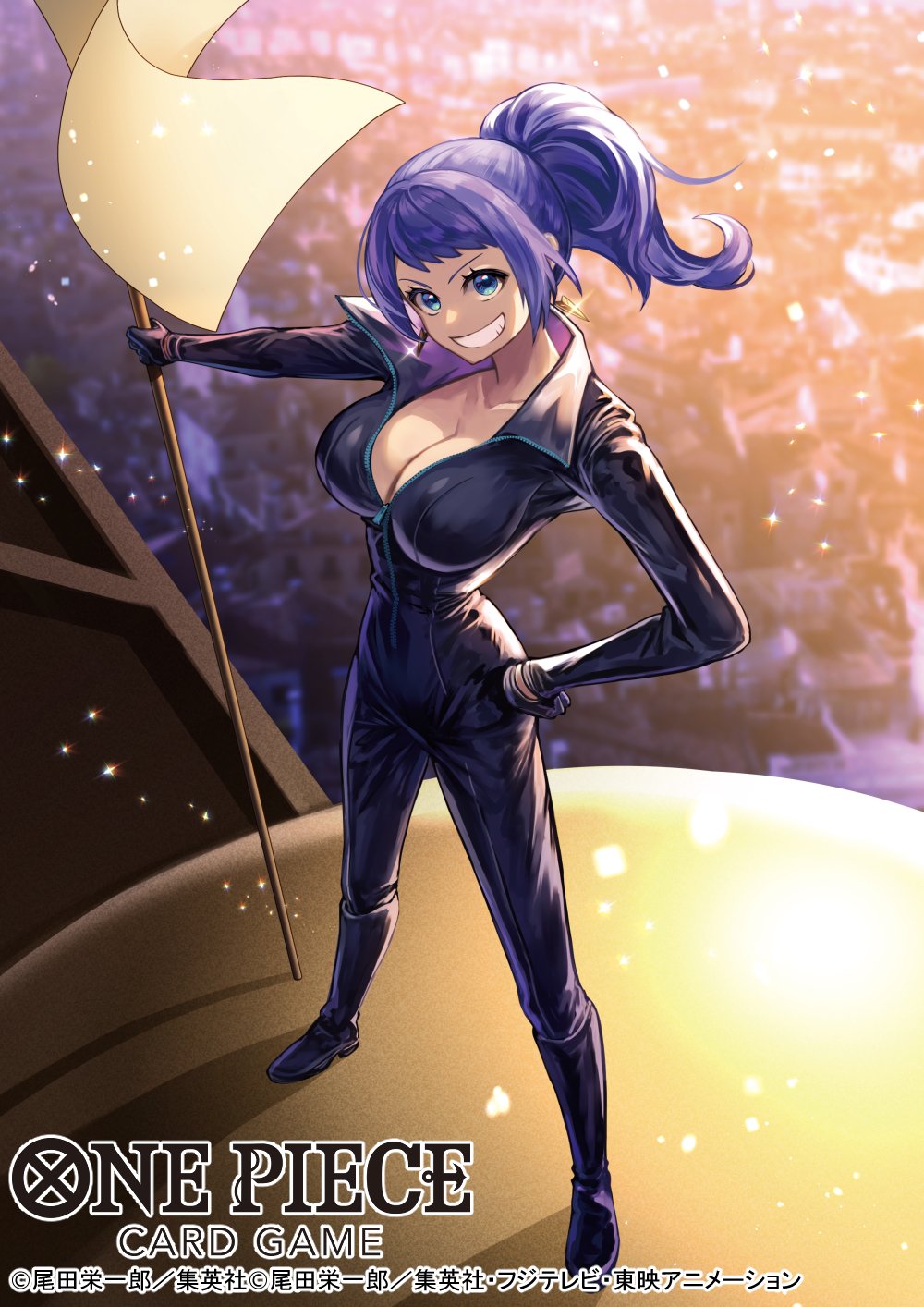 1girl black_bodysuit blue_eyes bodysuit boots carina_(one_piece) commentary_request copyright_name earrings from_above gloves hand_on_own_hip highres holding jewelry koushi_rokushiro official_art one_piece one_piece_film:_gold ponytail purple_hair shadow sidelighting sidelocks smile solo zipper
