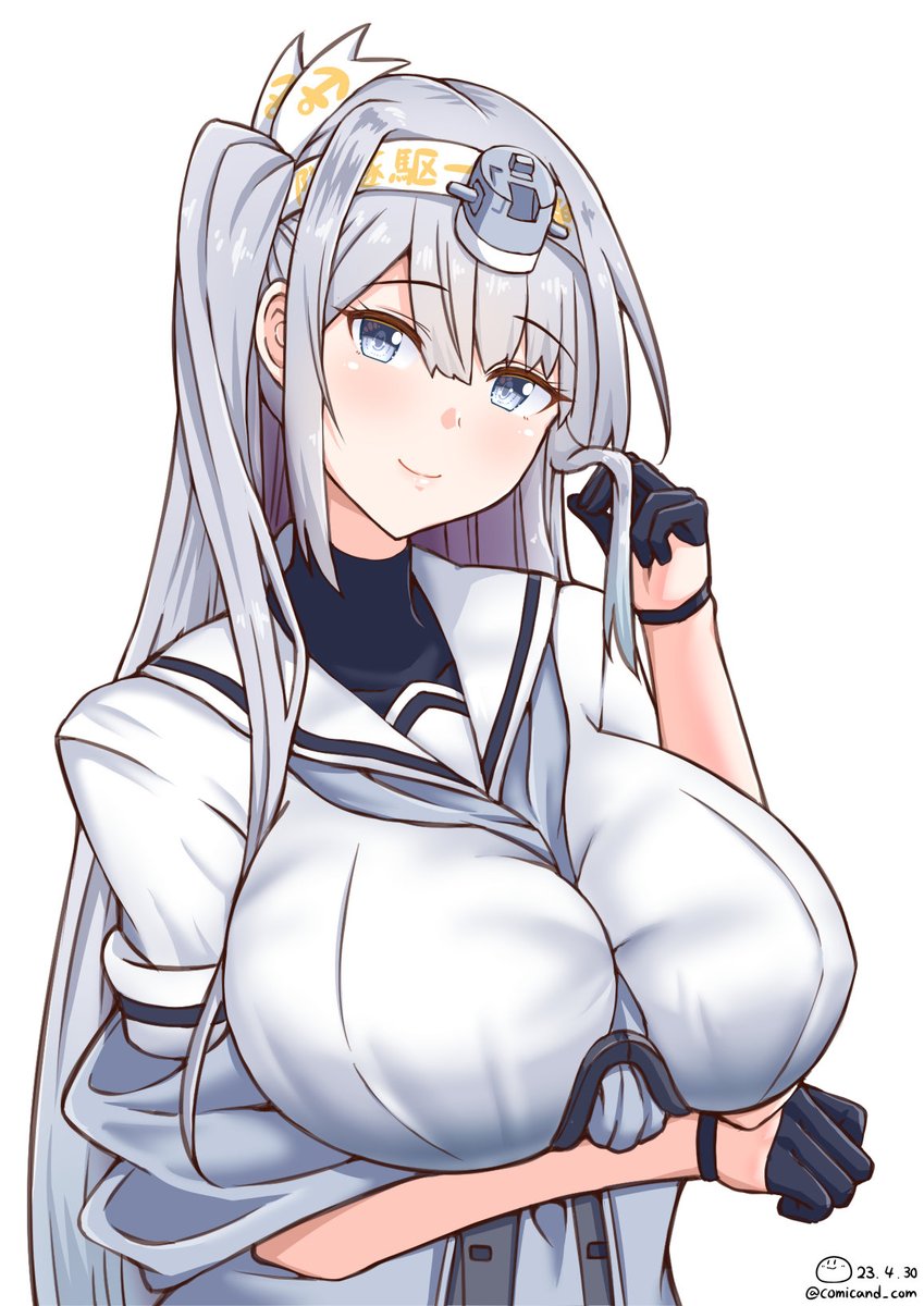 1girl alternate_breast_size arm_under_breasts breasts fuyutsuki_(kancolle) grey_eyes hachimaki headband headgear highres kantai_collection large_breasts long_hair looking_at_viewer shiromaru_(maniado) shirt side_ponytail simple_background smile solo upper_body very_long_hair white_shirt