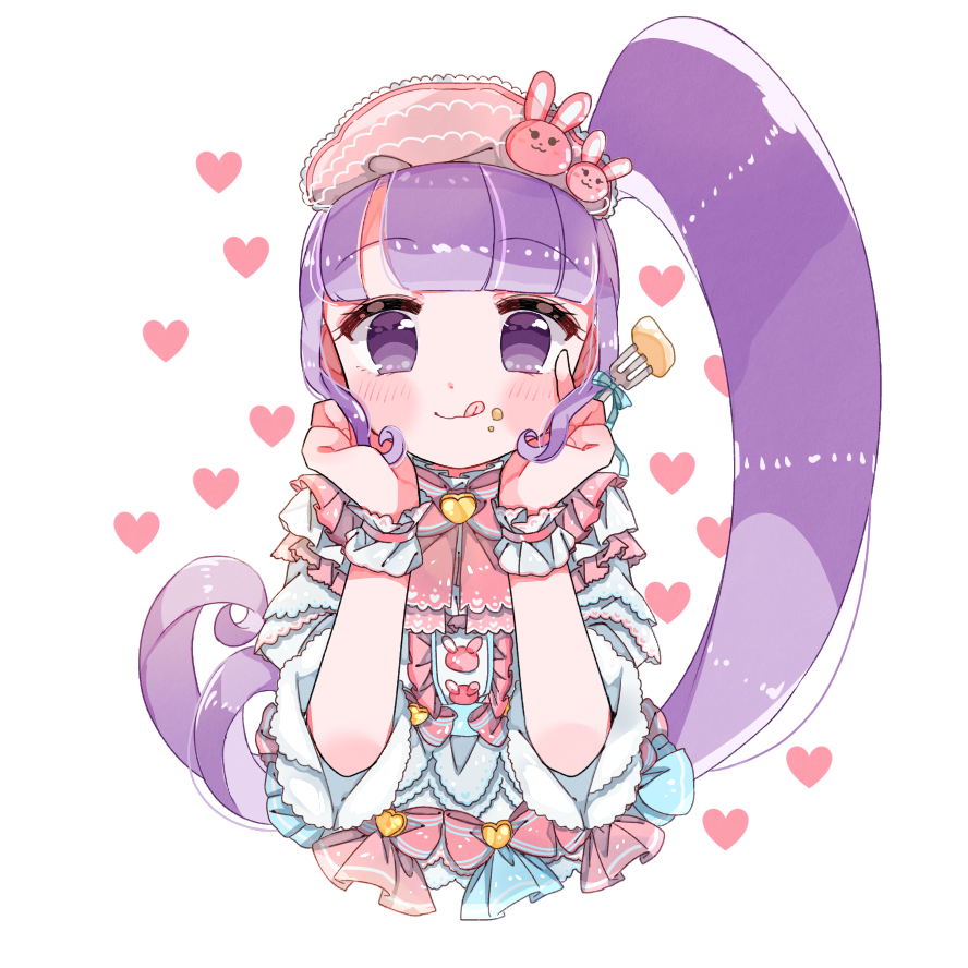 1girl :q blunt_bangs blush bow center_frills closed_mouth cropped_torso fork frills hairband hands_on_own_cheeks hands_on_own_face hands_up heart holding holding_fork kira_(kiratwins) long_hair looking_at_viewer manaka_non pink_bow pink_hairband pretty_series pripara purple_hair side_ponytail smile solo straight-on third-party_source tongue tongue_out upper_body violet_eyes white_background wrist_cuffs