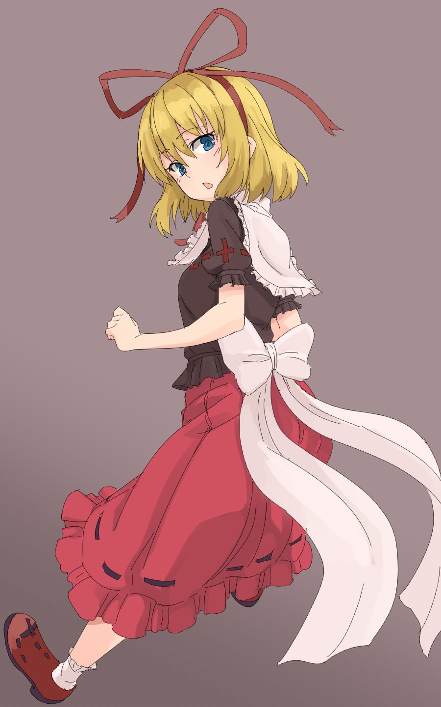 1girl black_shirt blue_eyes brown_footwear commentary frilled_skirt frills full_body grey_background hair_ribbon highres kakone looking_at_viewer medicine_melancholy one-hour_drawing_challenge open_mouth petticoat red_ribbon red_skirt ribbon shirt simple_background skirt socks solo touhou white_socks