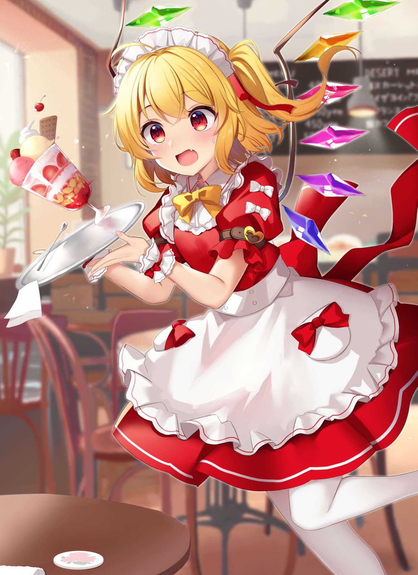 1girl accident ahoge alternate_costume apron blonde_hair blurry blurry_background blush bow cafe commentary crossed_bangs crystal enmaided fang feet_out_of_frame flandre_scarlet floating_hair frilled_apron frilled_wrist_cuffs frills hair_between_eyes hands_up highres holding holding_tray indoors maid maid_headdress medium_hair one_side_up open_mouth pantyhose puffy_short_sleeves puffy_sleeves red_eyes red_shirt red_skirt ruhika shirt short_sleeves skirt solo standing standing_on_one_leg strawberry_parfait surprised sweatdrop touhou tray waist_apron waitress white_apron white_pantyhose wide-eyed wings wrist_cuffs yellow_bow