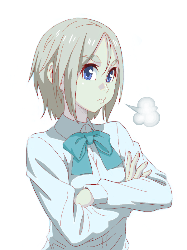 1girl aqua_bow aqua_bowtie bad_drawr_id bad_id blonde_hair blue_eyes bow bowtie breath character_request closed_mouth collared_shirt copyright_request crossed_arms francine_(daijaemon) long_hair long_sleeves oekaki school_uniform shirt short_hair sidelocks sigh simple_background solo thick_eyebrows upper_body white_background white_shirt