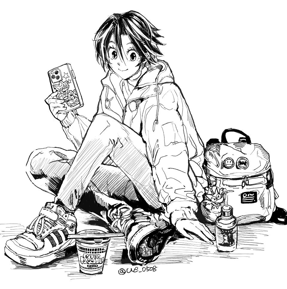 1girl arm_support backpack badge bag bottle button_badge cellphone character_sticker closed_mouth cross-laced_footwear crossed_ankles eyeshield_21 greyscale hair_between_eyes holding holding_phone hood hooded_jacket jacket monochrome pants phone ramen shoes short_hair simple_background sitting smartphone smile sneakers solo sticker taki_suzuna twitter_username ueda-pix