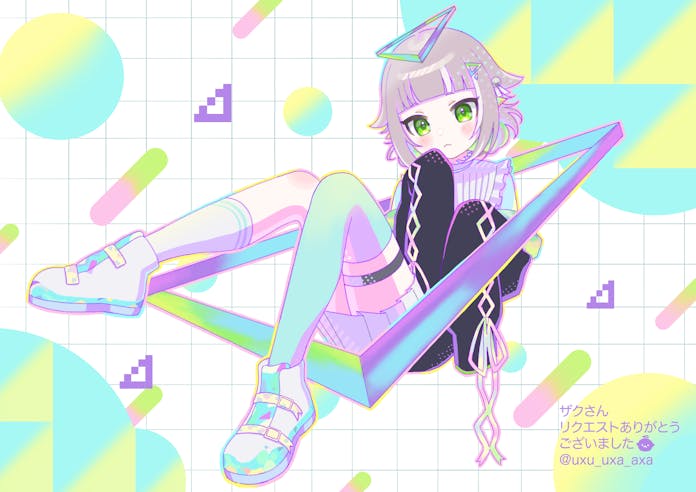 1girl asymmetrical_legwear blunt_bangs blush_stickers closed_mouth commission frown full_body green_eyes grey_skirt grid_background indie_virtual_youtuber looking_at_viewer pleated_skirt shoes short_hair skeb_commission skirt sleeves_past_fingers sleeves_past_wrists sneakers solo triangle_halo uxu_uxa_axa virtual_youtuber zaku_(vtuber)