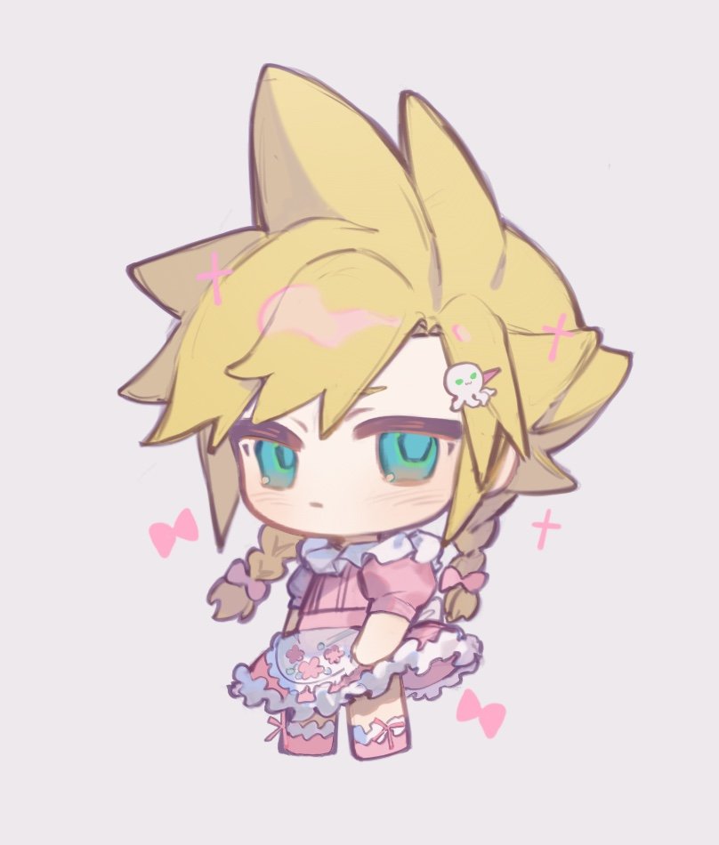 1boy alternate_costume alternate_hairstyle apron blonde_hair blue_eyes blush bow braid chibi cloud_strife commentary crossdressing dress expressionless final_fantasy final_fantasy_vii floral_print frilled_dress frilled_socks frills full_body grey_background hair_bow hair_ornament hairclip long_hair looking_to_the_side male_focus maomaoyu neck_ruff octopus_hair_ornament pink_bow pink_dress pink_footwear puffy_short_sleeves puffy_sleeves short_sleeves simple_background socks solo sparkle spiky_hair standing twin_braids white_apron