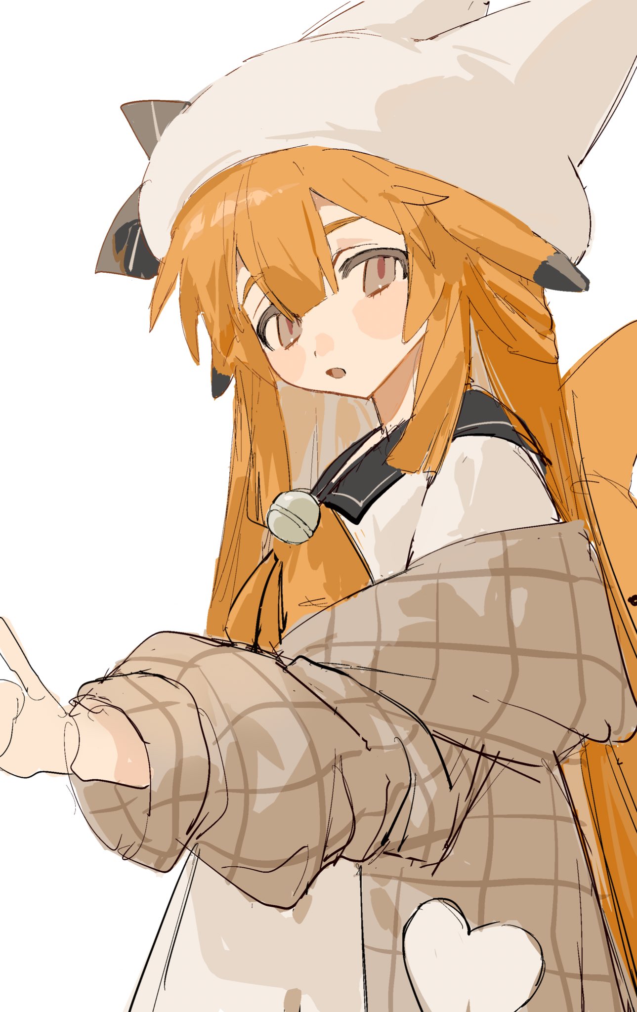 1girl animal_ear_headwear animal_ears bell blush_stickers bow bowtie brown_eyes coat commentary fake_animal_ears fox_ears fox_girl highres long_hair long_sleeves off_shoulder open_mouth orange_hair original ppp_caf sailor_collar sketch solo very_long_hair