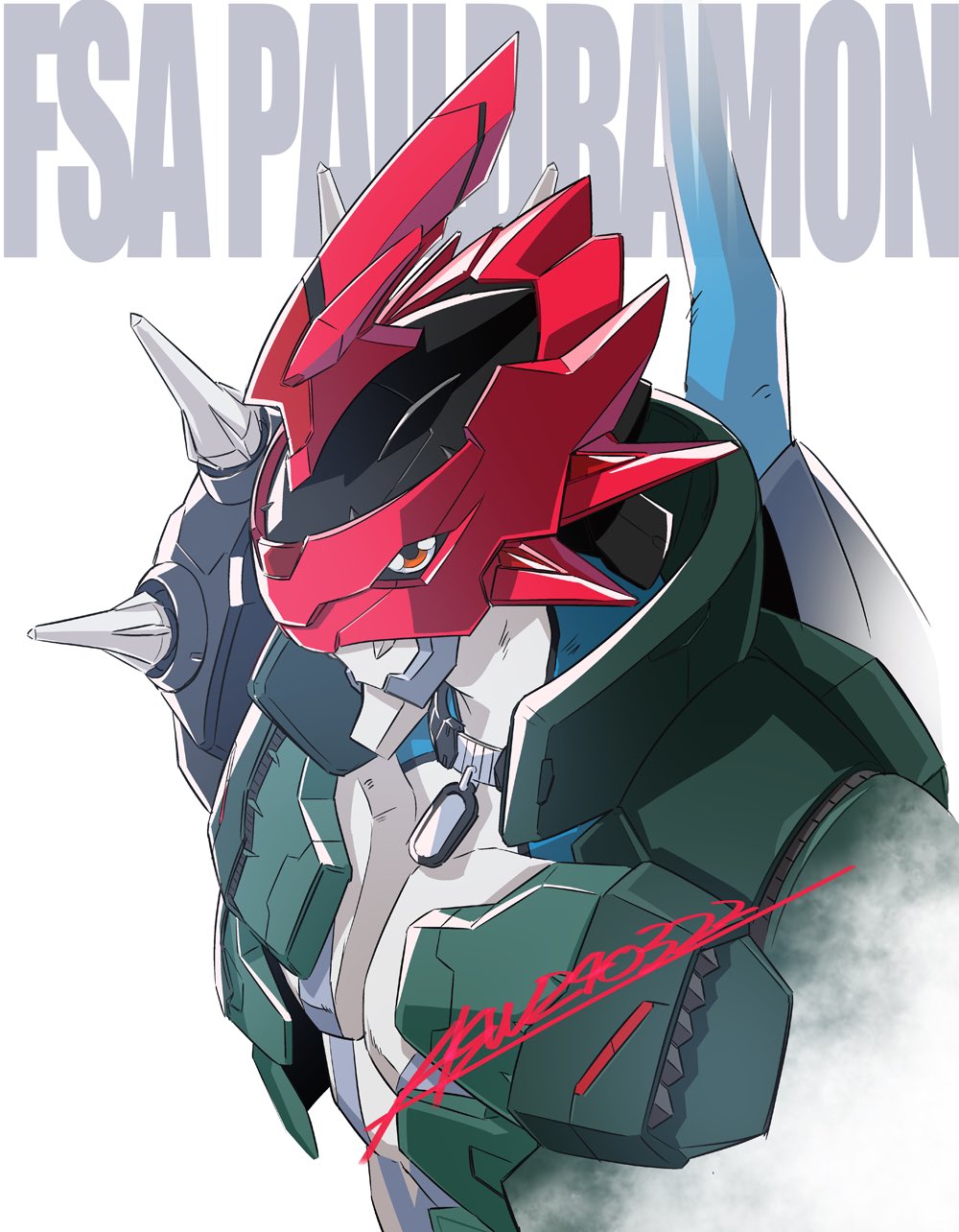 as'maria blue_skin character_name collar colored_skin covered_face digimon digimon_(creature) dragon green_vest highres paildramon red_eyes red_helmet signature simple_background spikes tag tail upper_body vest white_background