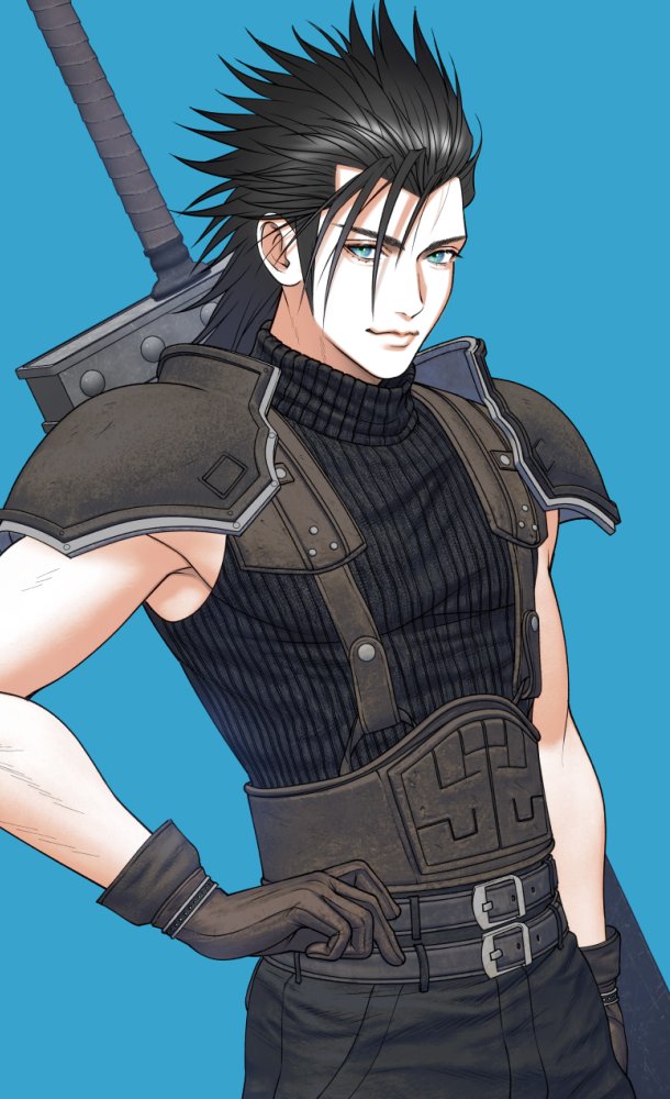 1boy armor belt belt_buckle black_gloves black_hair black_pants black_sweater blue_background blue_eyes buckle buster_sword closed_mouth crisis_core_final_fantasy_vii final_fantasy final_fantasy_vii final_fantasy_vii_rebirth final_fantasy_vii_remake gloves hair_slicked_back hand_on_own_hip ko102k1 looking_at_viewer male_focus multiple_belts pants ribbed_sweater shoulder_armor sleeveless sleeveless_turtleneck solo spiky_hair sweater sword sword_on_back turtleneck turtleneck_sweater upper_body weapon weapon_on_back zack_fair