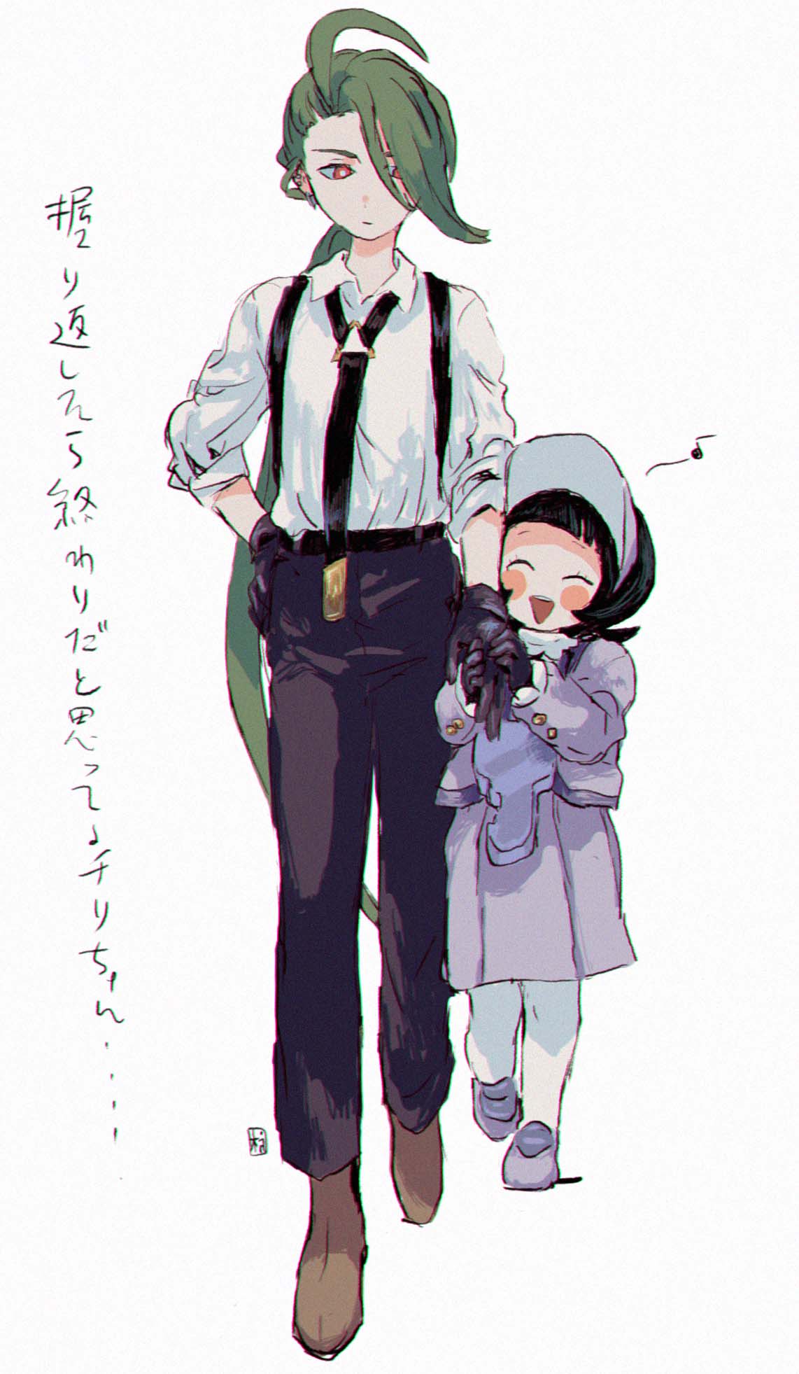 2girls ^_^ ahoge androgynous black_gloves black_hair black_necktie black_pants blunt_bangs blush_stickers bright_pupils brown_footwear child closed_eyes collared_shirt facing_viewer full_body gloves green_hair hair_over_one_eye hand_on_own_hip height_difference highres holding_hands jacket looking_at_another low_ponytail multiple_girls musical_note necktie open_mouth pants pantyhose pokemon pokemon_sv ponytail poppy_(pokemon) purple_footwear purple_jacket purple_skirt red_eyes reverse_trap rika_(pokemon) shirt shirt_tucked_in shoes short_bangs short_hair simple_background skirt smile suspenders swept_bangs ttanne visor_cap walking white_background white_pantyhose white_pupils white_shirt